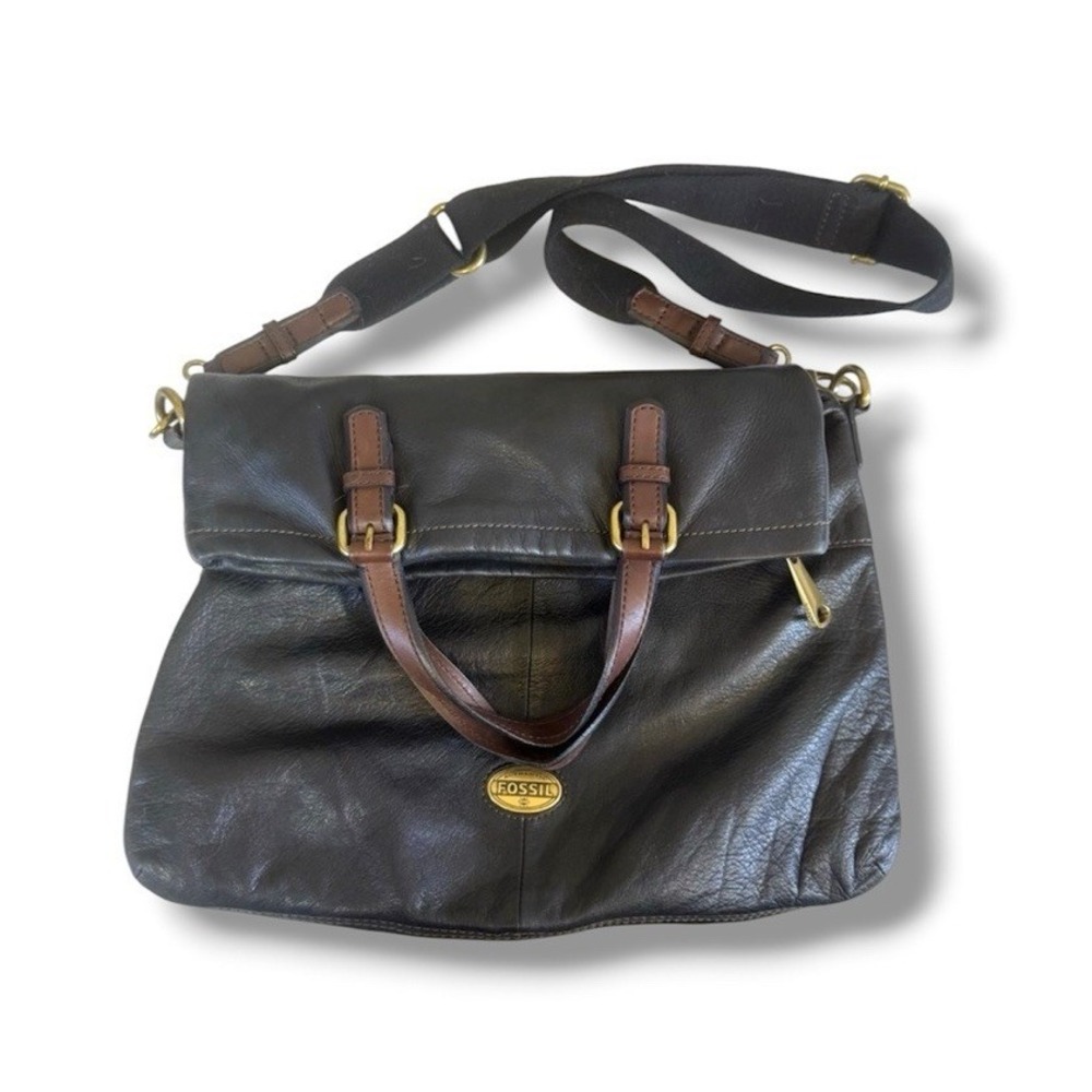 Fossil Explorer Leather Tote Black  Foldover Messenger Bag Crossbody Large  Boho